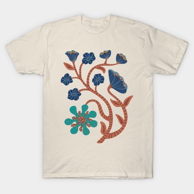 IT'S A JUNGLE OUT THERE Mod Funky Floral-2 in Retro Navy Blue and Brown - UnBlink Studio by Jackie Tahara T-Shirt by UnBlink Studio by Jackie Tahara